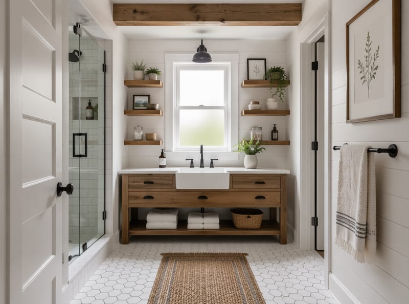 Idee per Bagni Modern Farmhouse che Uniscono Calore e Funzionalità